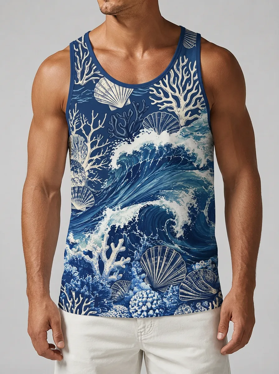 Men's Ocean Beach Lover Coral Shell Wave Printed Tank Top