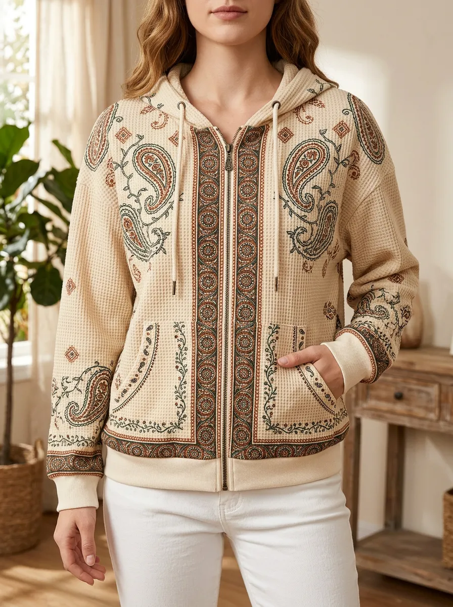Women's Boho Paisley Signature Surface Waffle Zip-Up Hoodie
