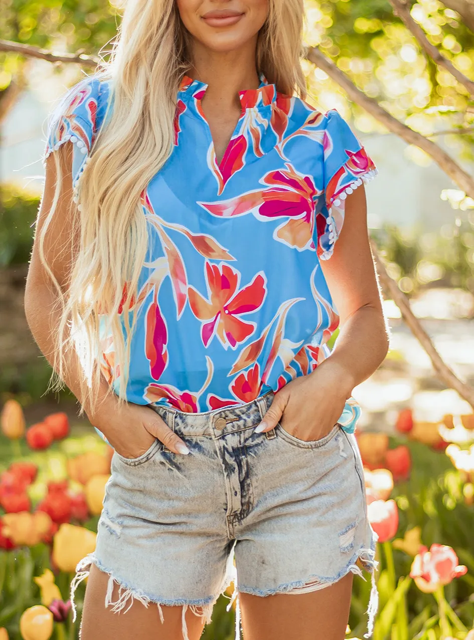 Women's Floral Print V Neck Pompom Trim Top