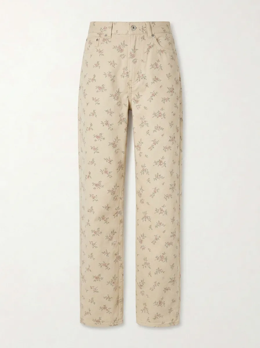 Women's Vintage Floral Beige Printed Mid-Rise Straight Leg Pants