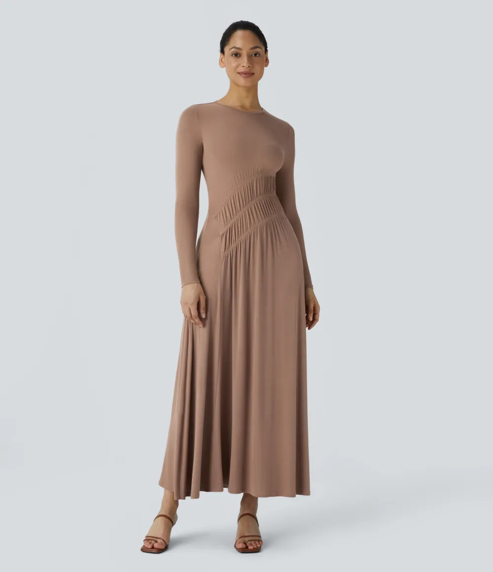 Ribbed Round Neck Long Sleeve Plicated Flare Flowy  Maxi Casual Dress