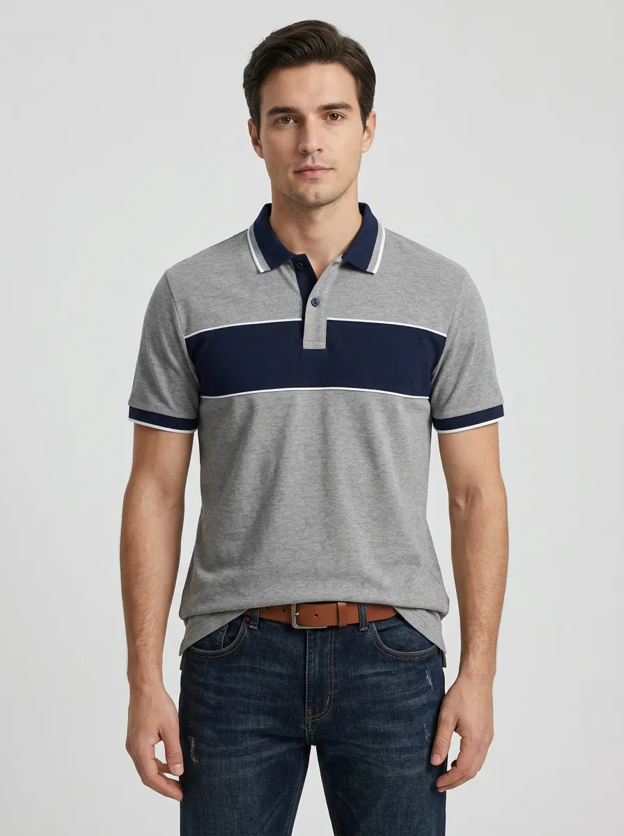 Men's Grey Navy Chest Panel Contrast Trim Polo Shirt