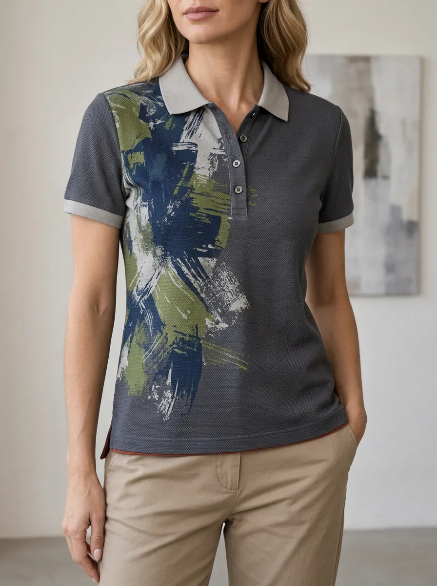 Women's Relaxed Abstract Brushstroke Art Polo Shirt