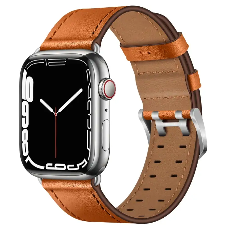 Double Buckles Leather Watch Band for Watch Series 9 & 8 & 7 41 mm / SE 3 & SE 2 & 6 & SE & 5 & 4 40 mm / 3 & 2 & 1 38 mm - Brown Silver Buckle