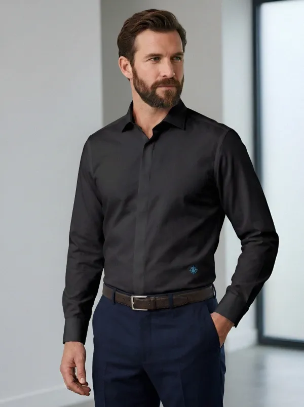Men's Non-Iron Cotton Compass Embroidered Long Sleeve Shirt