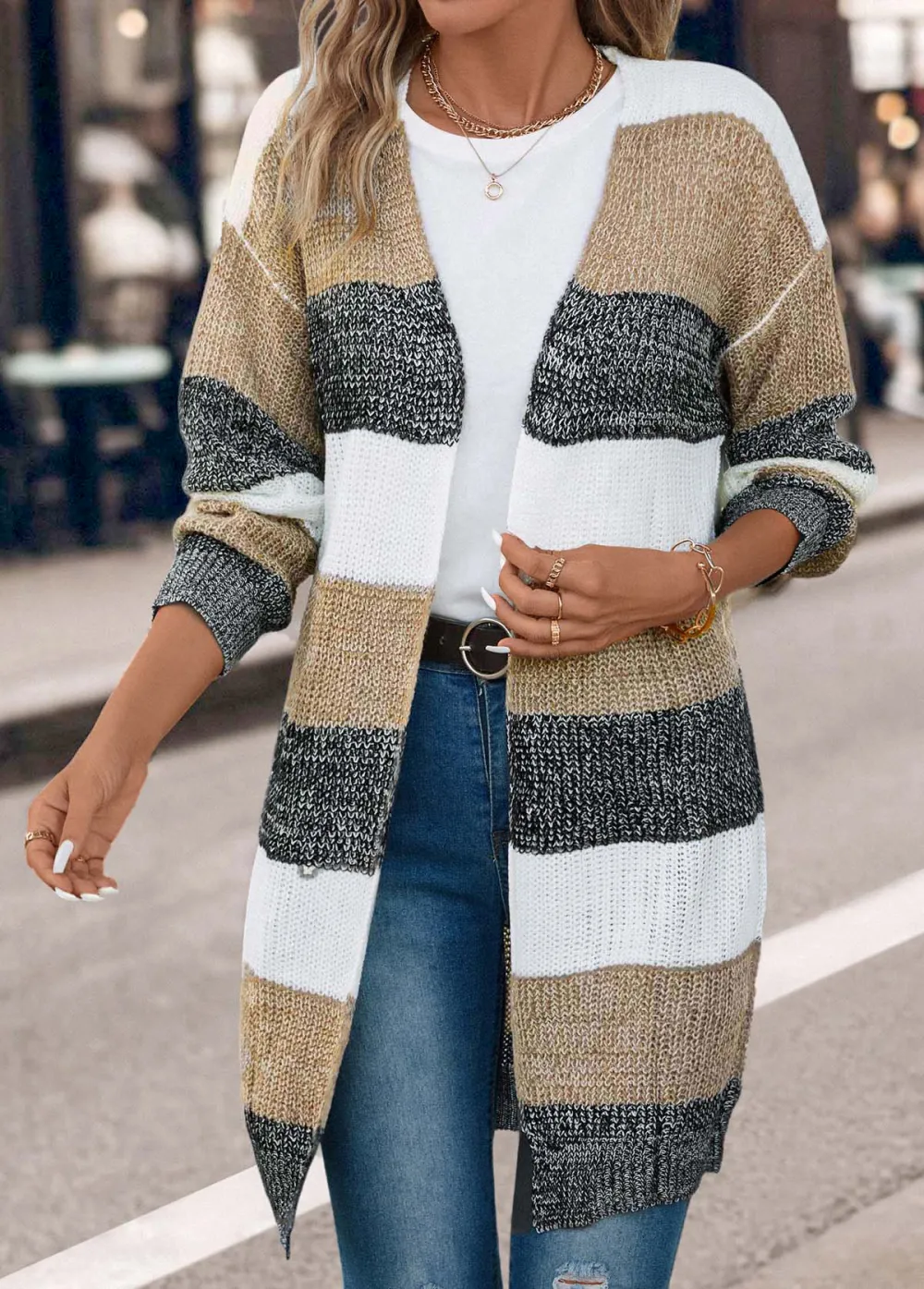 Dark Grey Weave Long Sleeve V Neck Coat