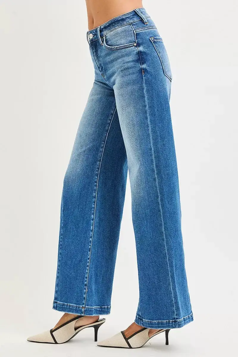 Relaxed Mid Rise Wide Leg Denim Jeans