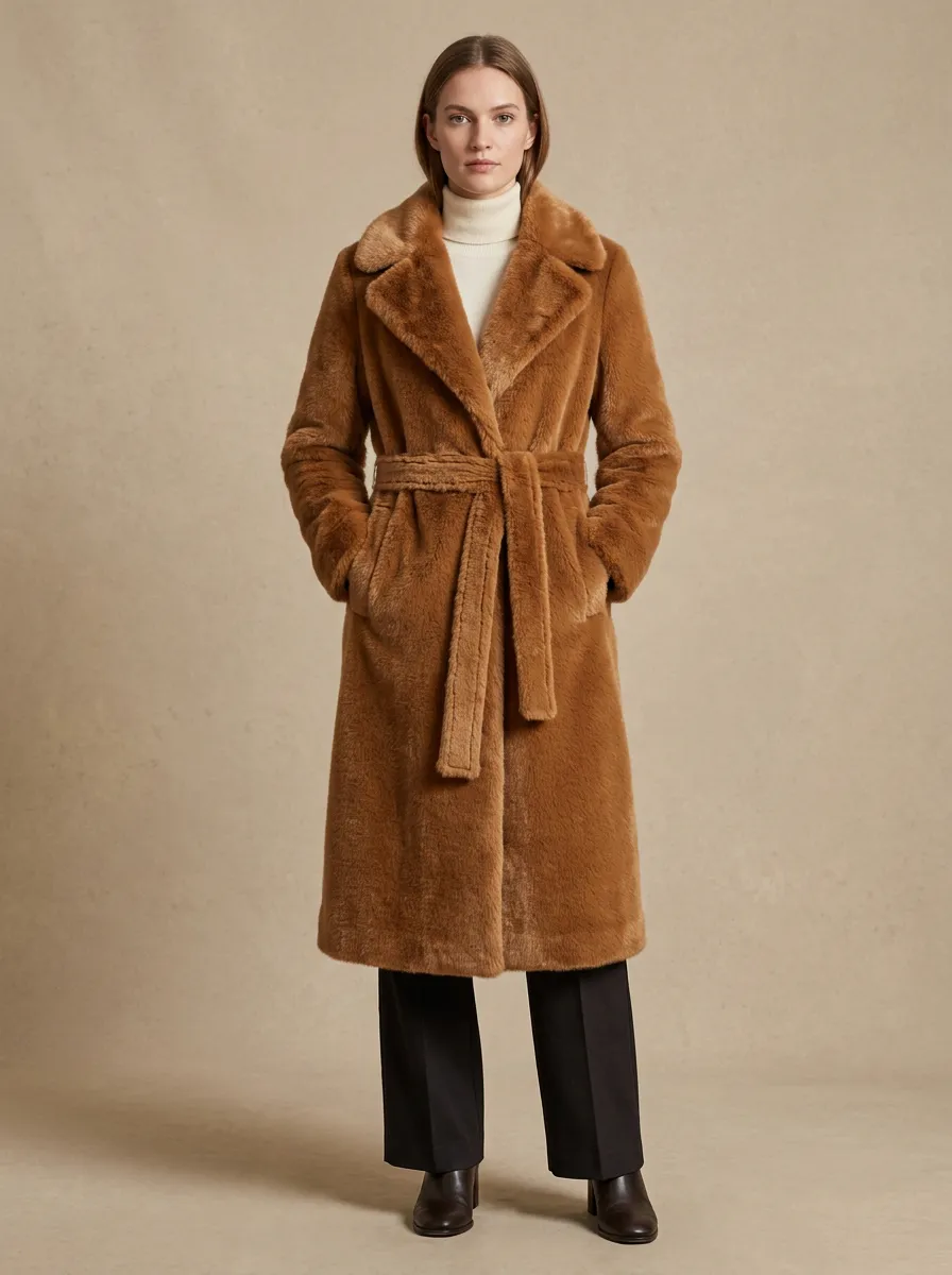 Side Pockets Belted Faux Fur Coat