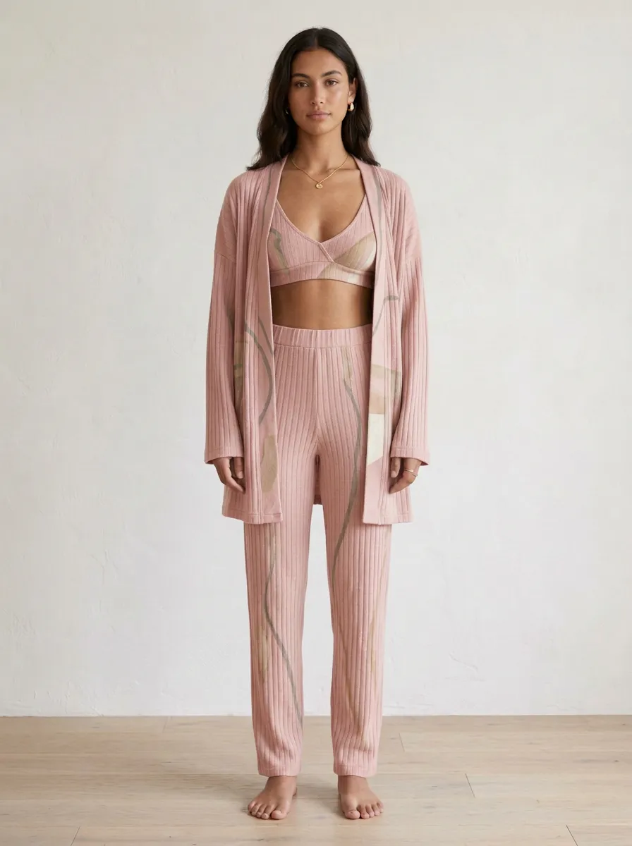 Abstract Line Textured Cardigan Lounge Set