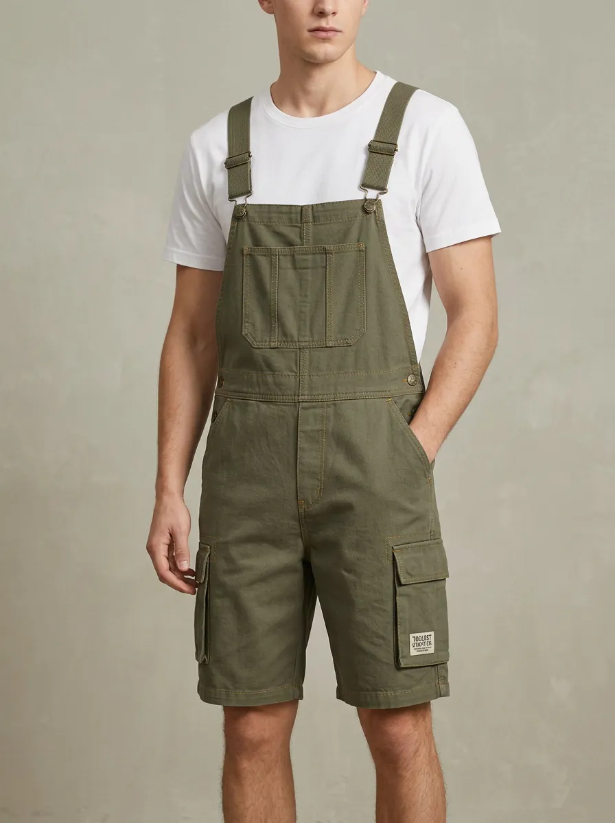 Men's Utility Workwear Olive Green Cargo Bib Overalls Shorts