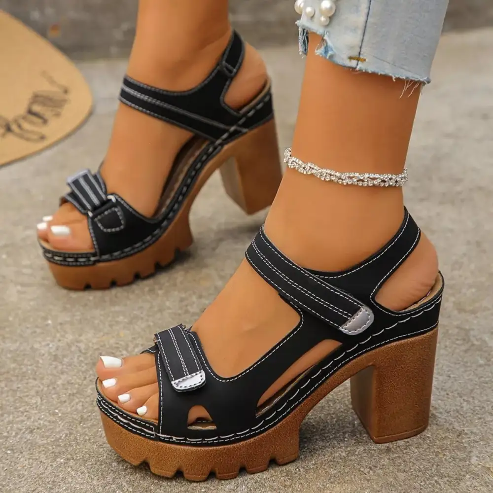 Ruffled Open Toe Block Heels Sandals