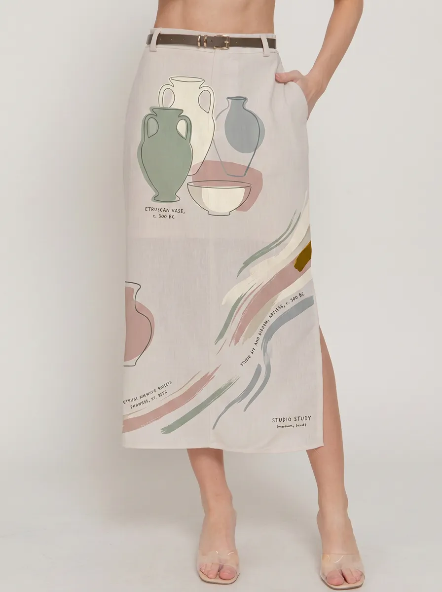 Women's Art History Lover Etruscan Vase Printed Midi Skirt