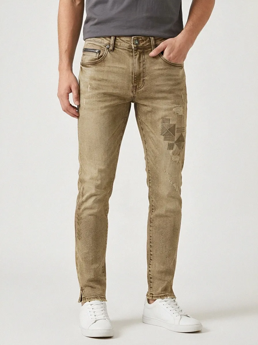 Men's Light Wash Geometric Patchwork Distressed Slim Fit Jeans