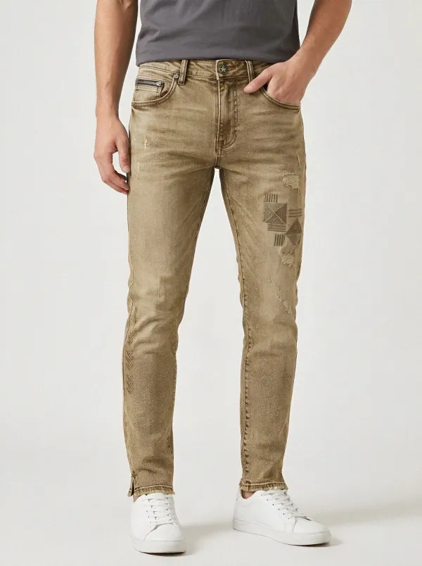 Men's Light Wash Geometric Patchwork Distressed Slim Fit Jeans