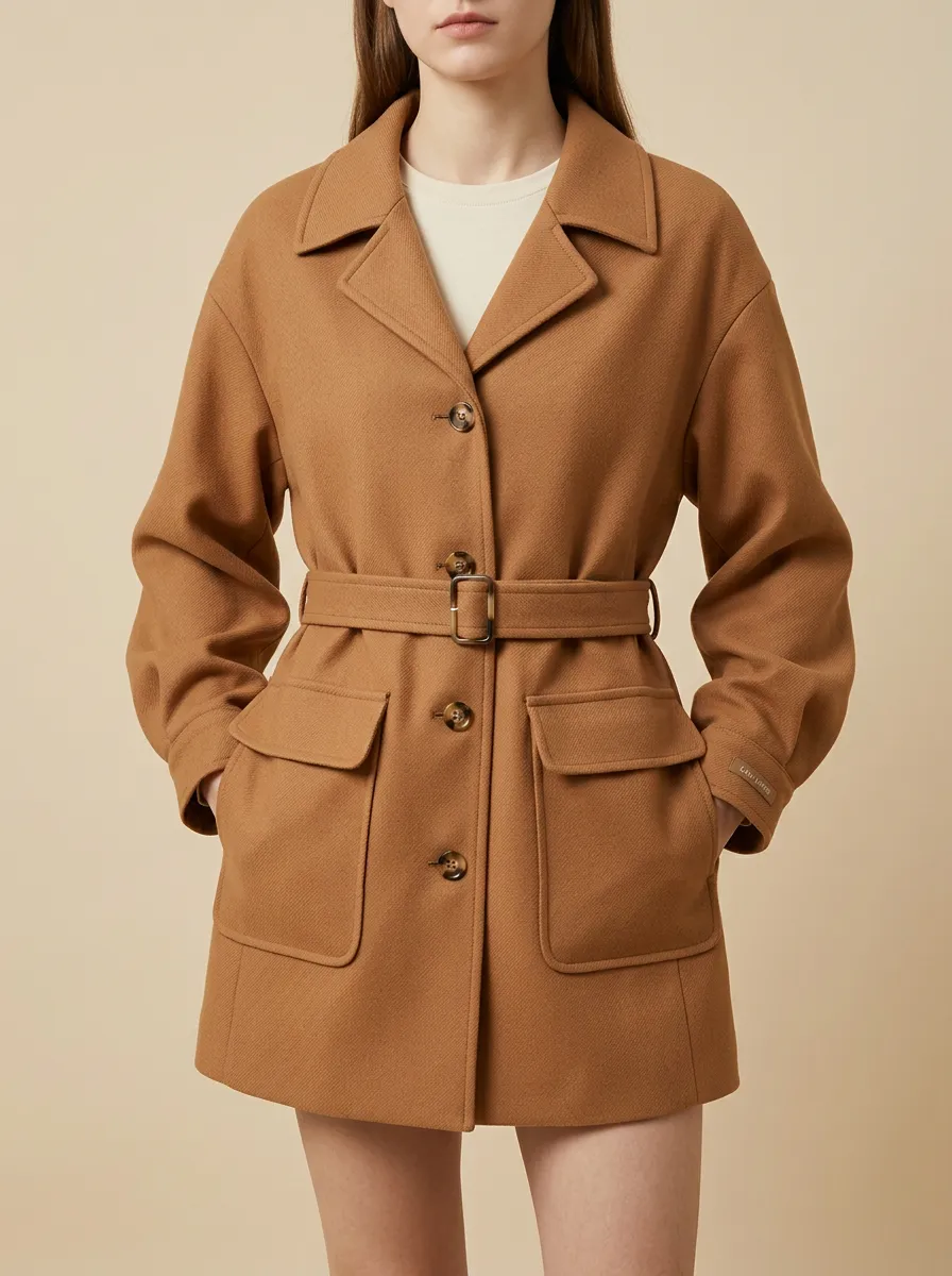 Belted Pocket Wool Blend Coat