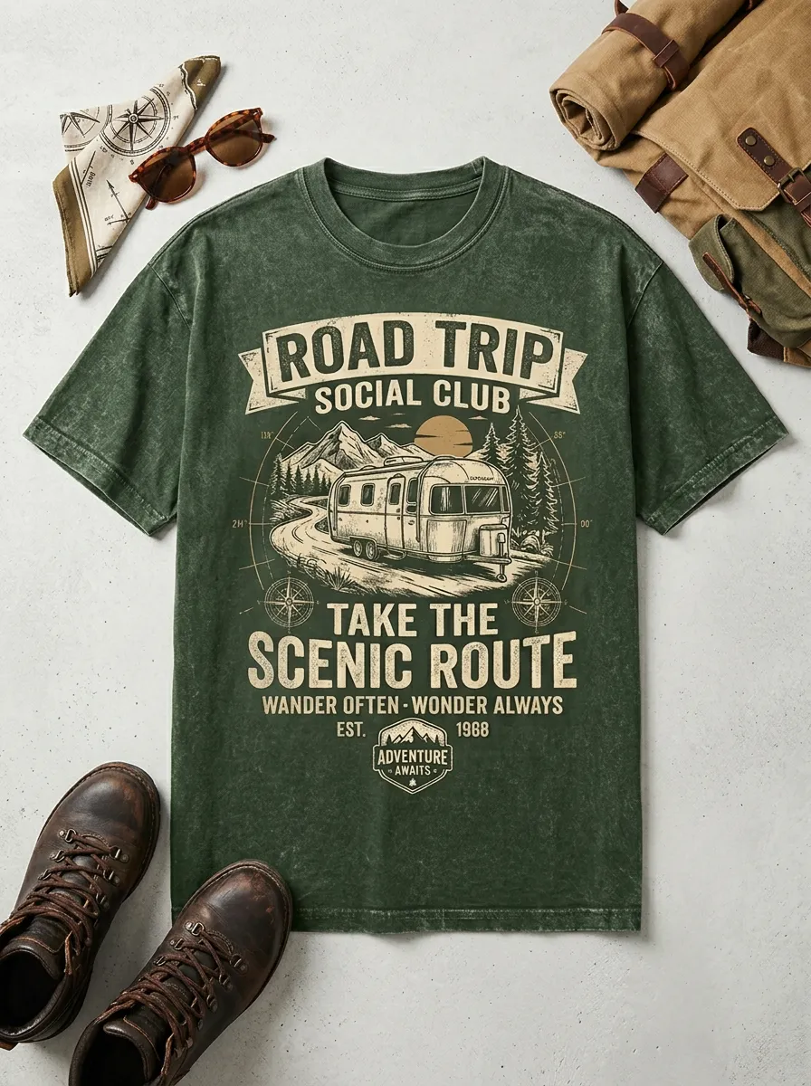 Unisex Road Trip Camper Mountain Printed T-shirt
