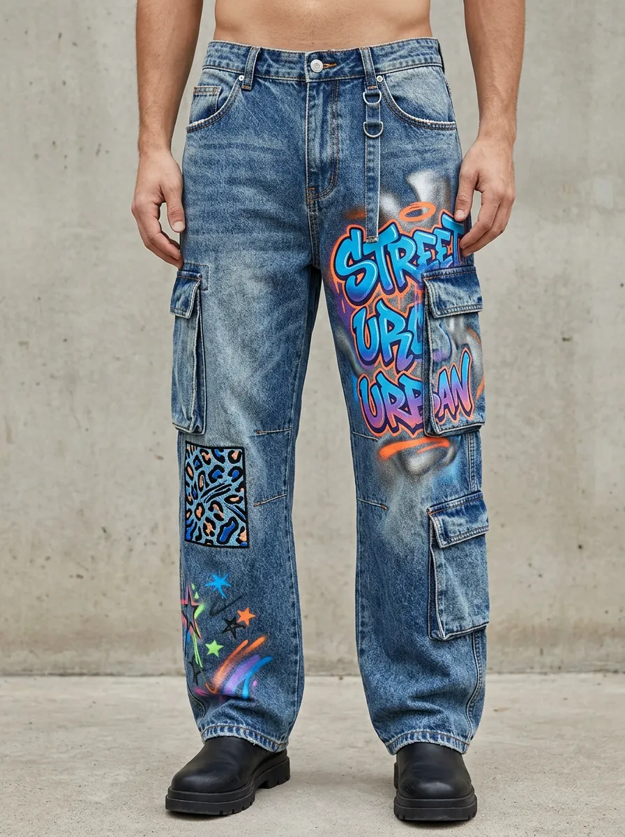 Men's Streetwear Graffiti Leopard Star Graphic Cargo Jeans