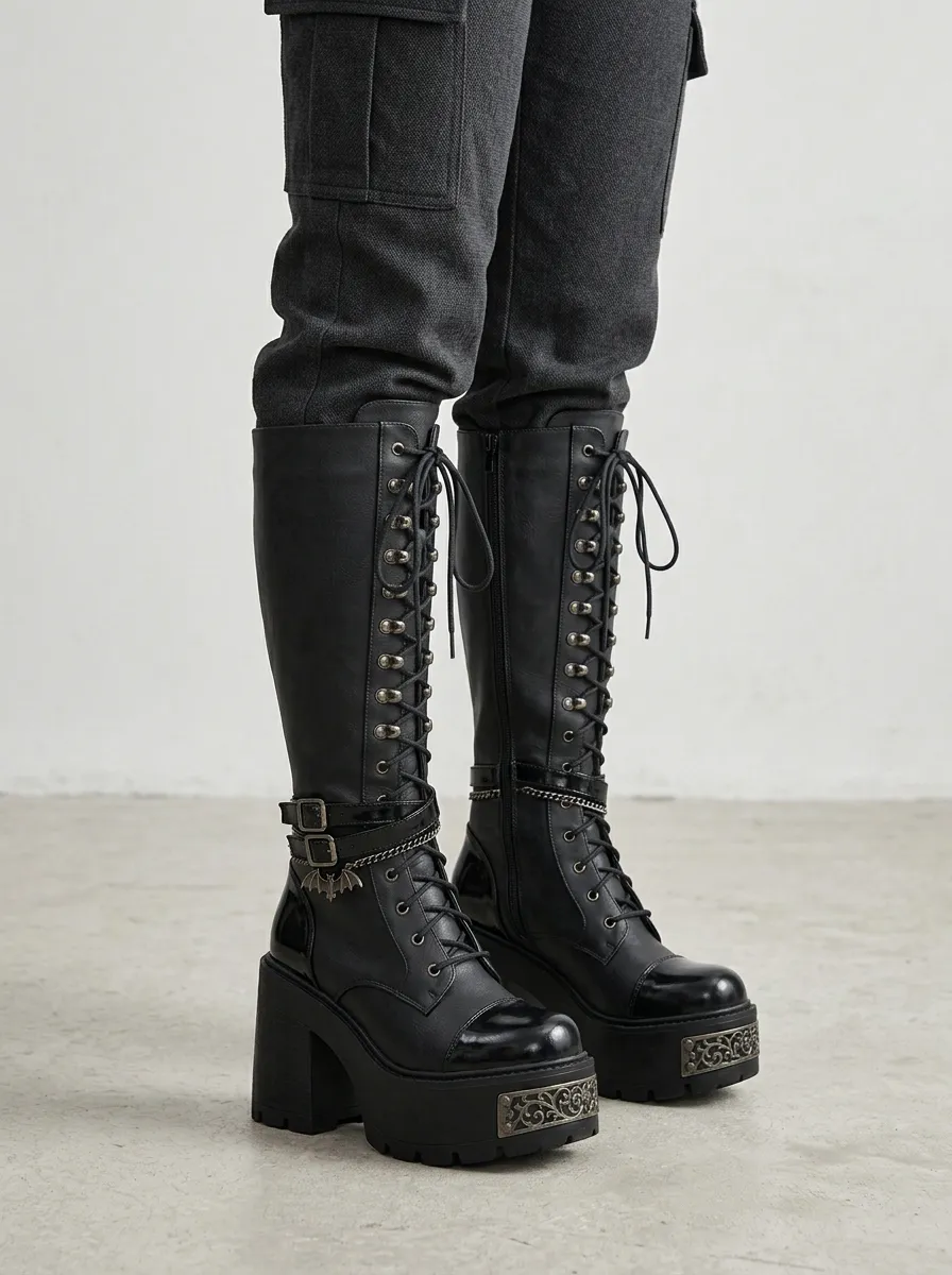 Ritual-Inspired Bat Lace Lace-Up Dark Look Women's Gothic Platform Knee High Boots