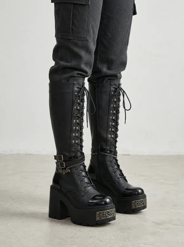 Ritual-Inspired Bat Lace Lace-Up Dark Look Women's Gothic Platform Knee High Boots