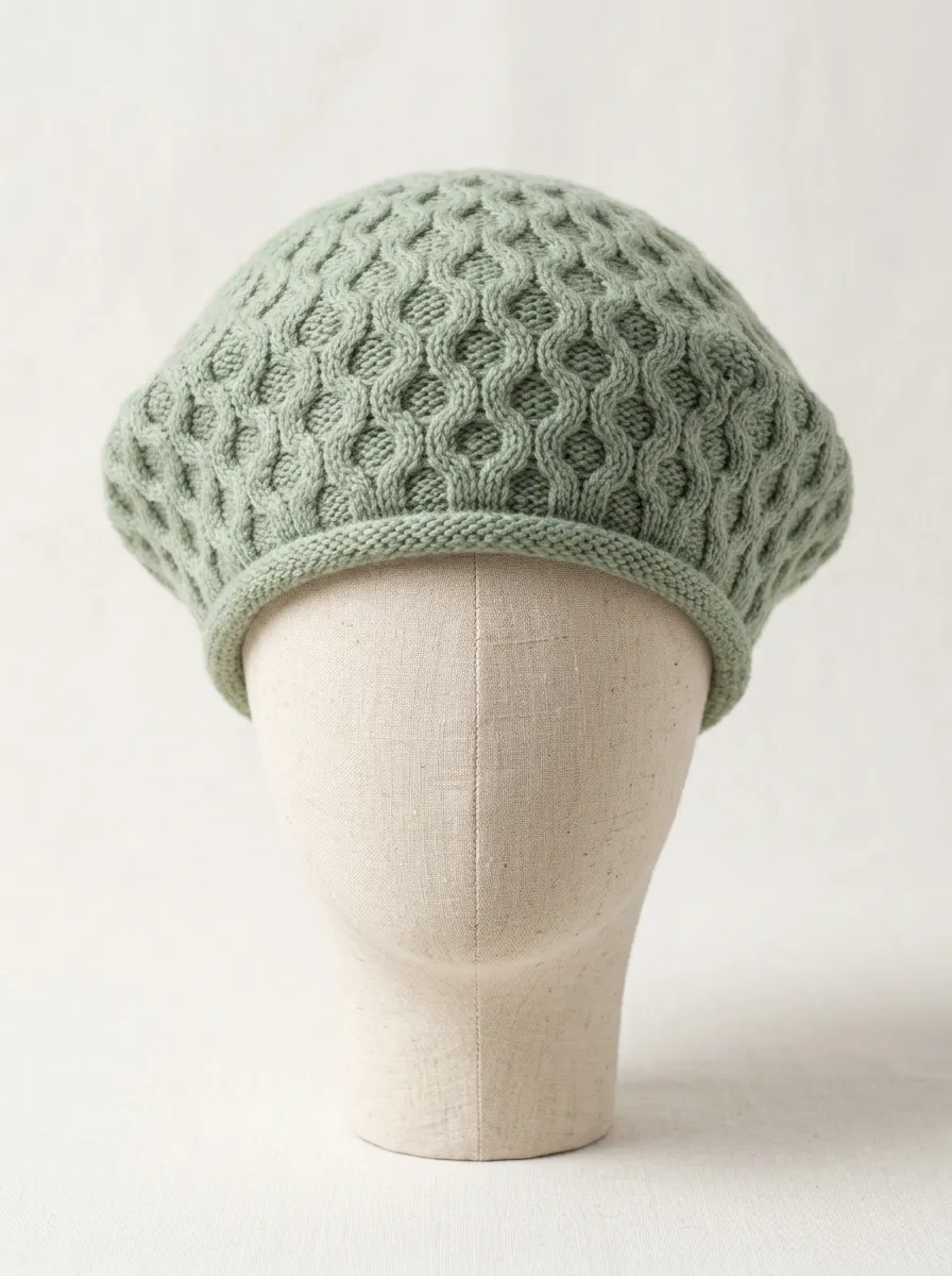 Unisex Sage Green Cable Knit Textured Beret