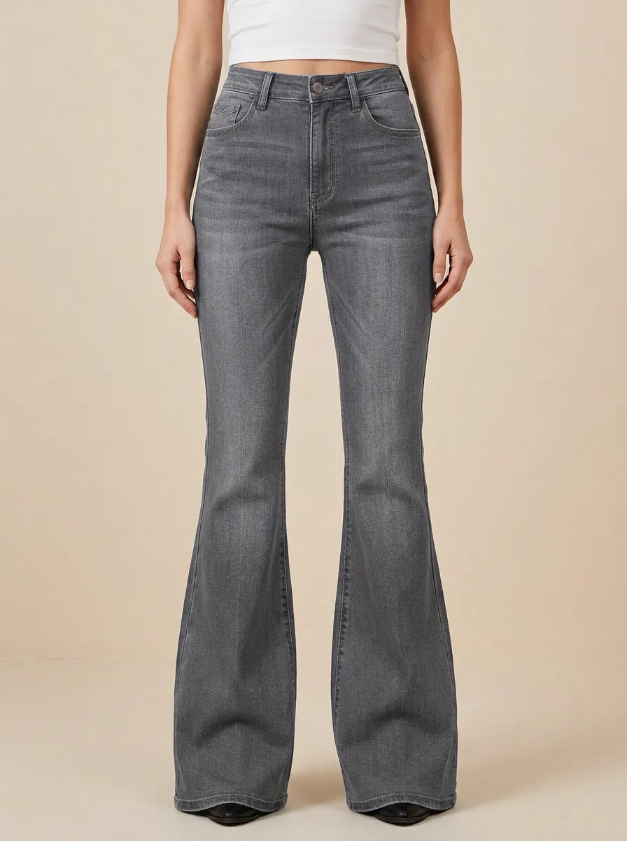 Retro Inspired Contrast Stitch Faded Finish Flare Jeans