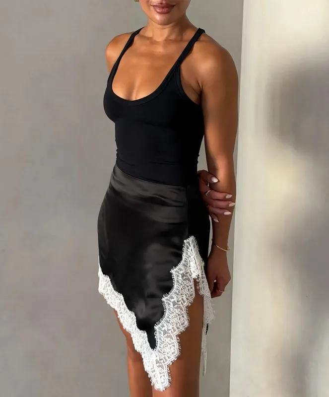 Black Lace-Trim Mini Skirt