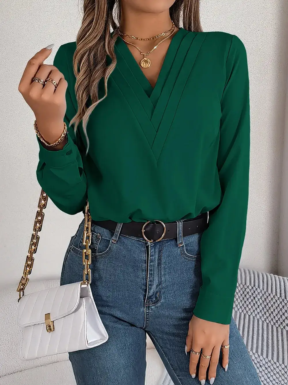 Textured V-Neck Long Sleeve Blouse