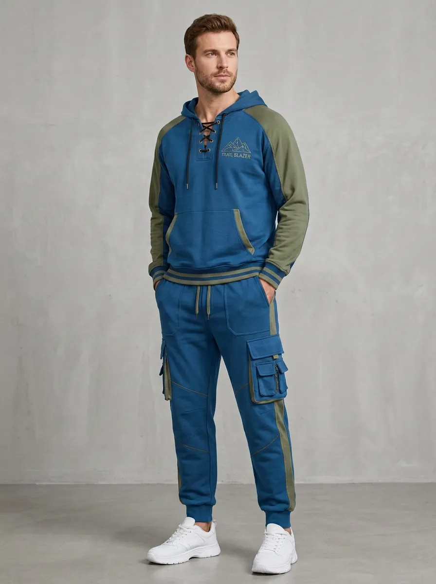 Urban Lace-Up Graphic Print Detail Men's Lace Up Hoodie And Cargo Jogger Set