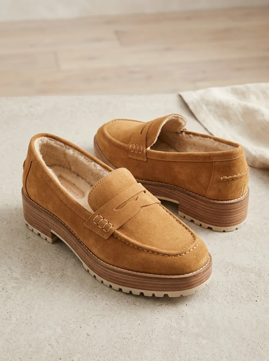 Women's Classic Faux Fur Lined Platform Casual Suede Wood Sole Loafers