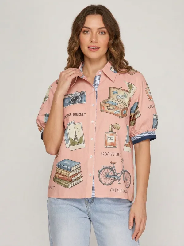 Women's Travel Vintage Journey Graphic Button-up Shirt Tank Top