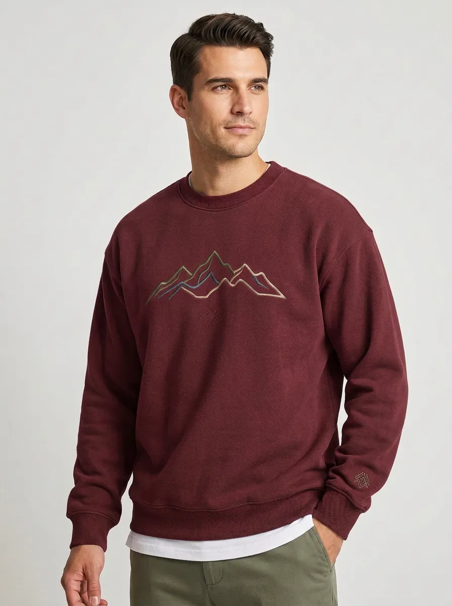 Men's Charcoal Outdoor Mountain Landscape Embroidered Fleece Sweatshirt