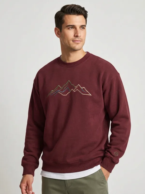 Men's Charcoal Outdoor Mountain Landscape Embroidered Fleece Sweatshirt