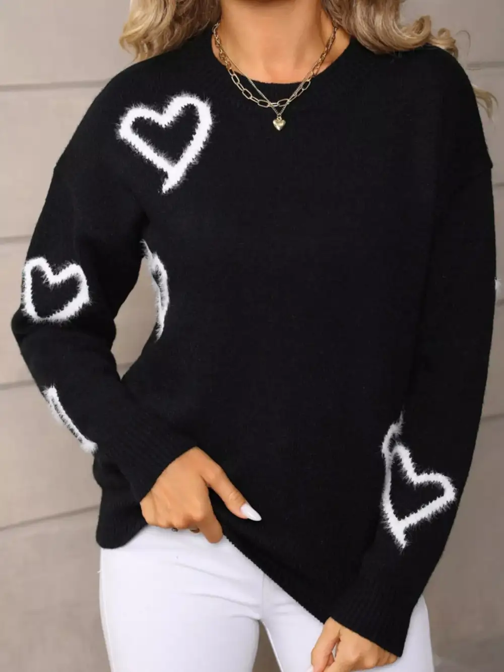 Valentine's Day Heart Print Crew Neck Sweater
