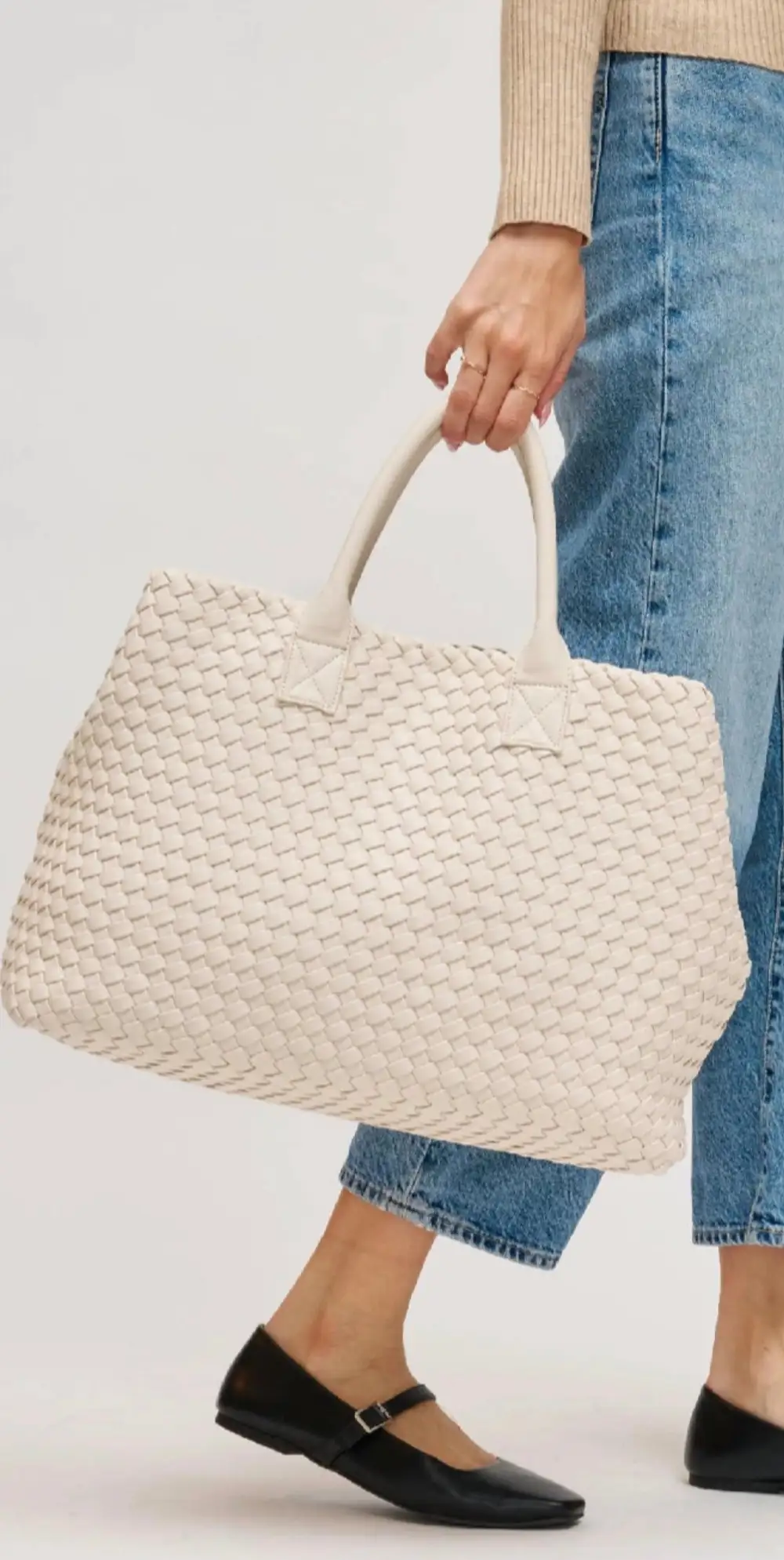 Woven Faux Leather Nylon Tote Bag