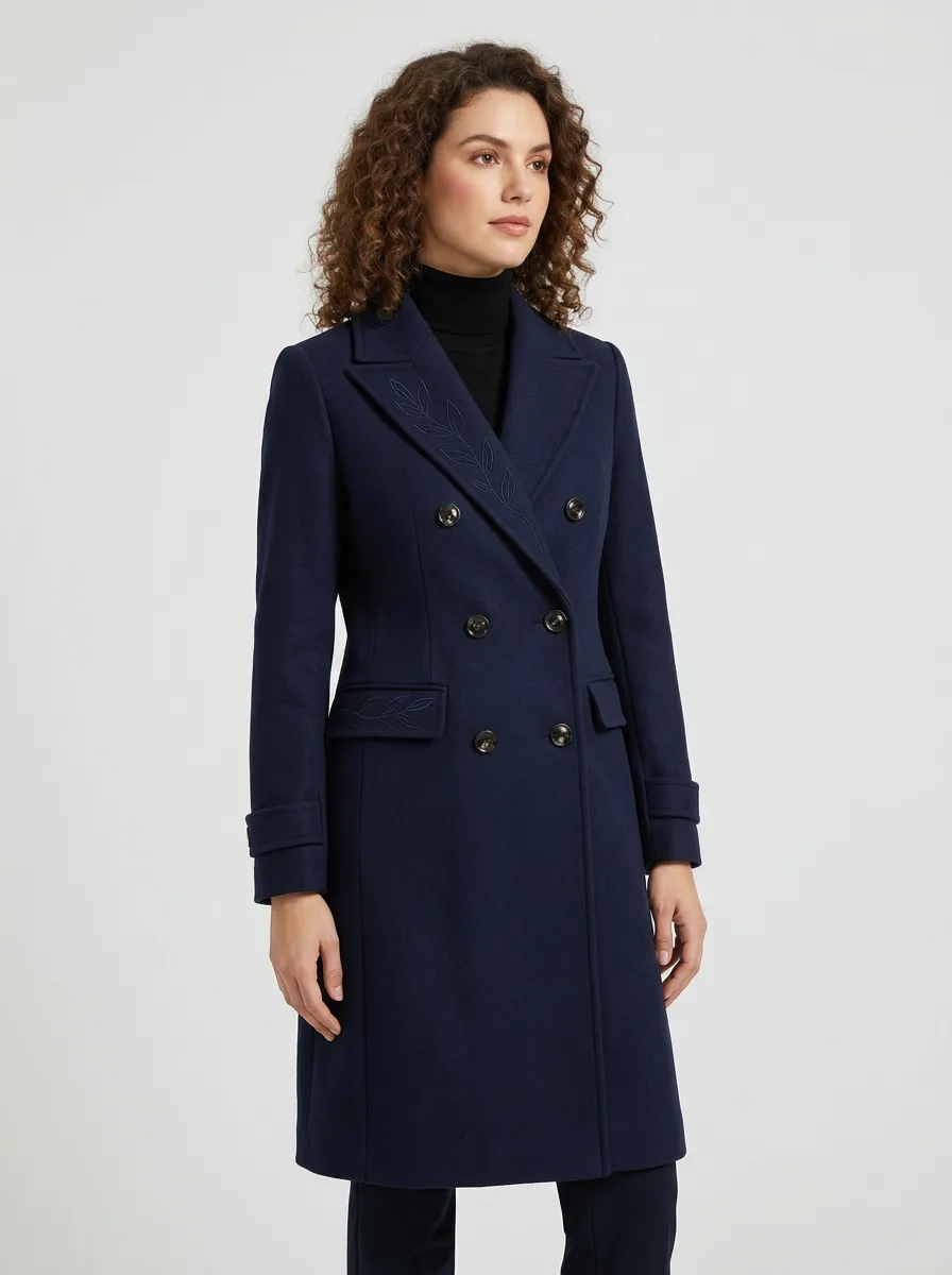 Women's Navy Leaf Embroidered Double-Breasted Wool Coat