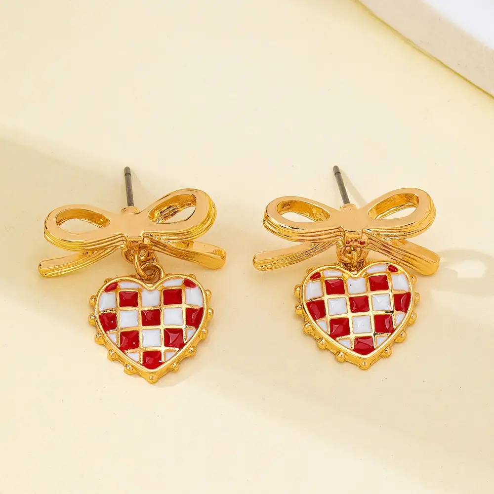 Checkered Heart Bow Drop arrings
