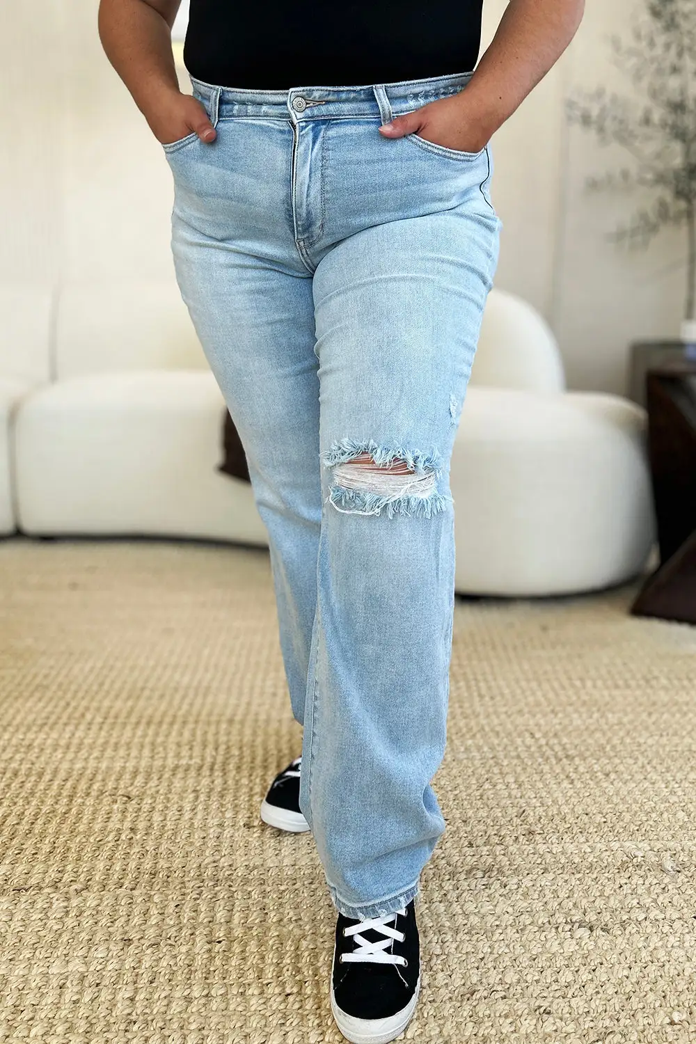 High Waist Distressed Straight Denim Jeans