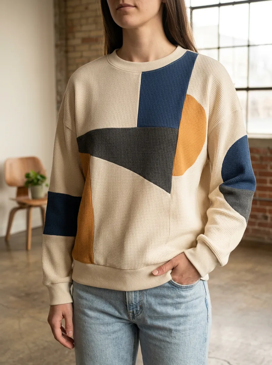 Women's Abstract Geometric Colorblock Printed Waffle Knit Crewneck Sweatshirt