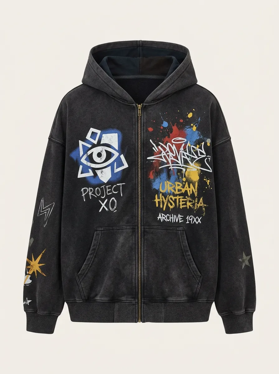 Unisex Streetwear Project XO Urban Hysteria Graffiti Printed Zip-up Hoodie