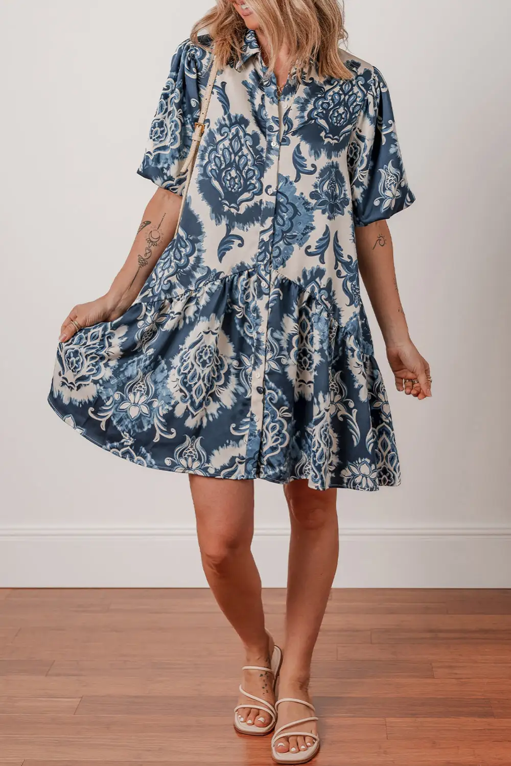 Floral Button Front Collared Mini Dress