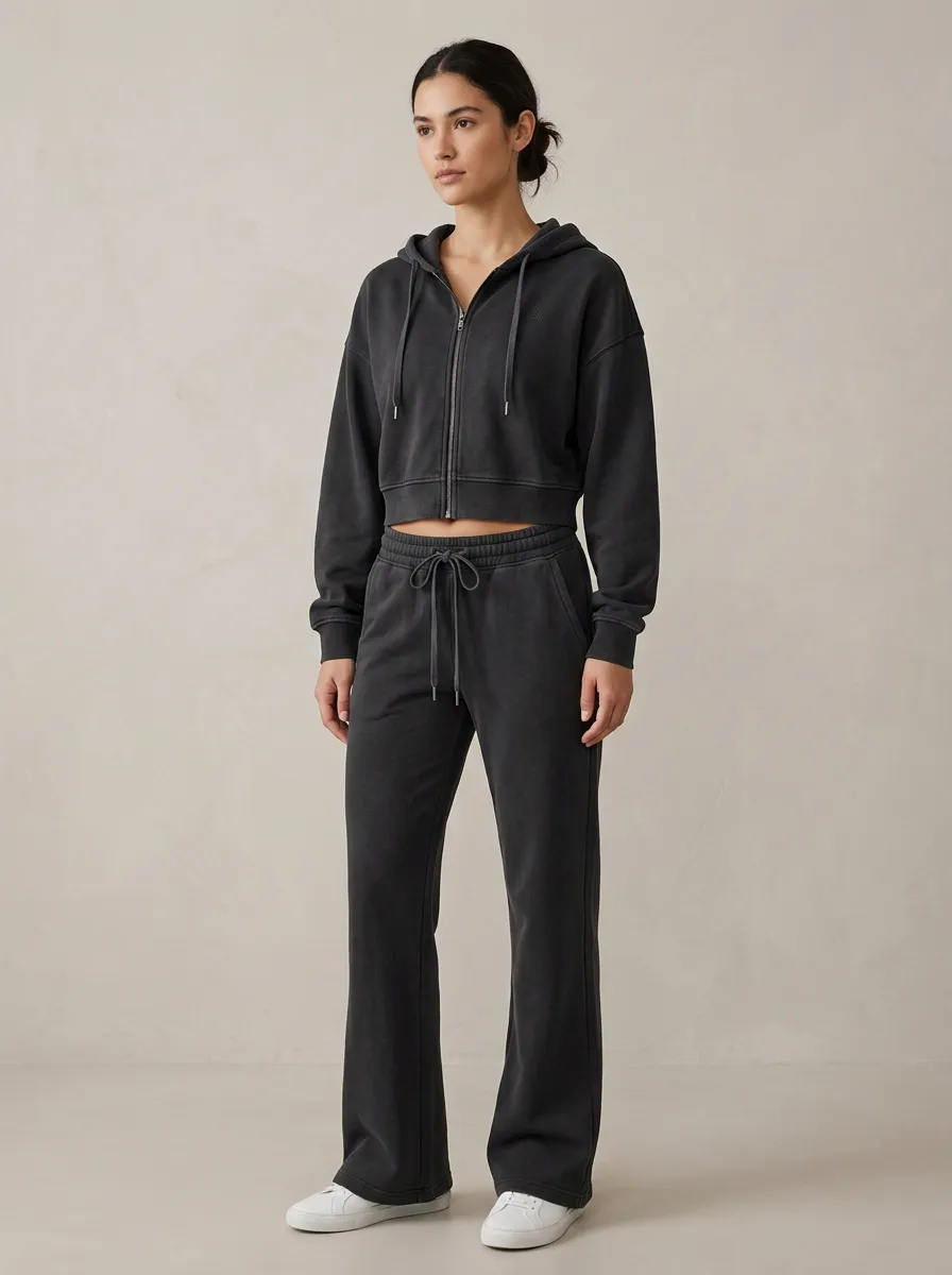 Women's Street Inspired Washed Vintage Inspired Sport Inspired Cropped Hooded Jacket and Flare Pants Active Set
