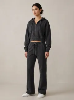 Women's Street Inspired Washed Vintage Inspired Sport Inspired Cropped Hooded Jacket and Flare Pants Active Set
