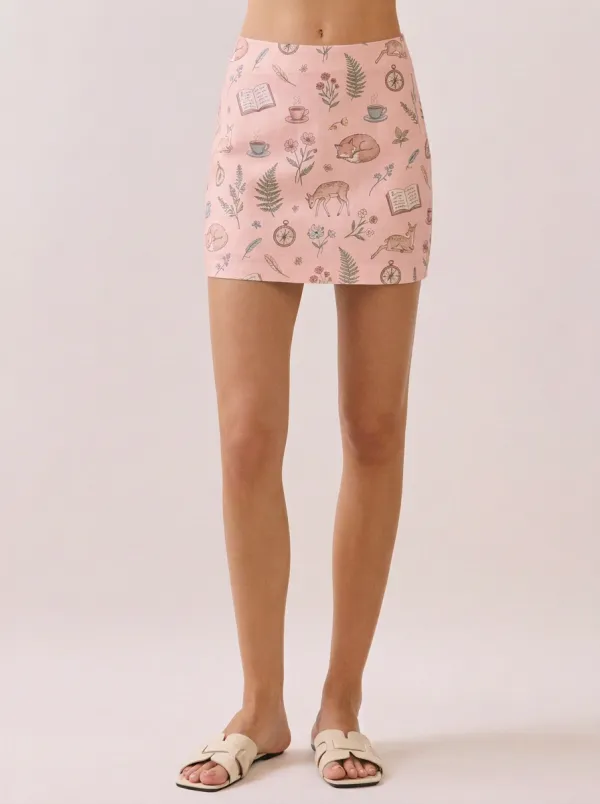 Women's Nature Forest Deer Fox Floral Compass Printed Mini Skirt