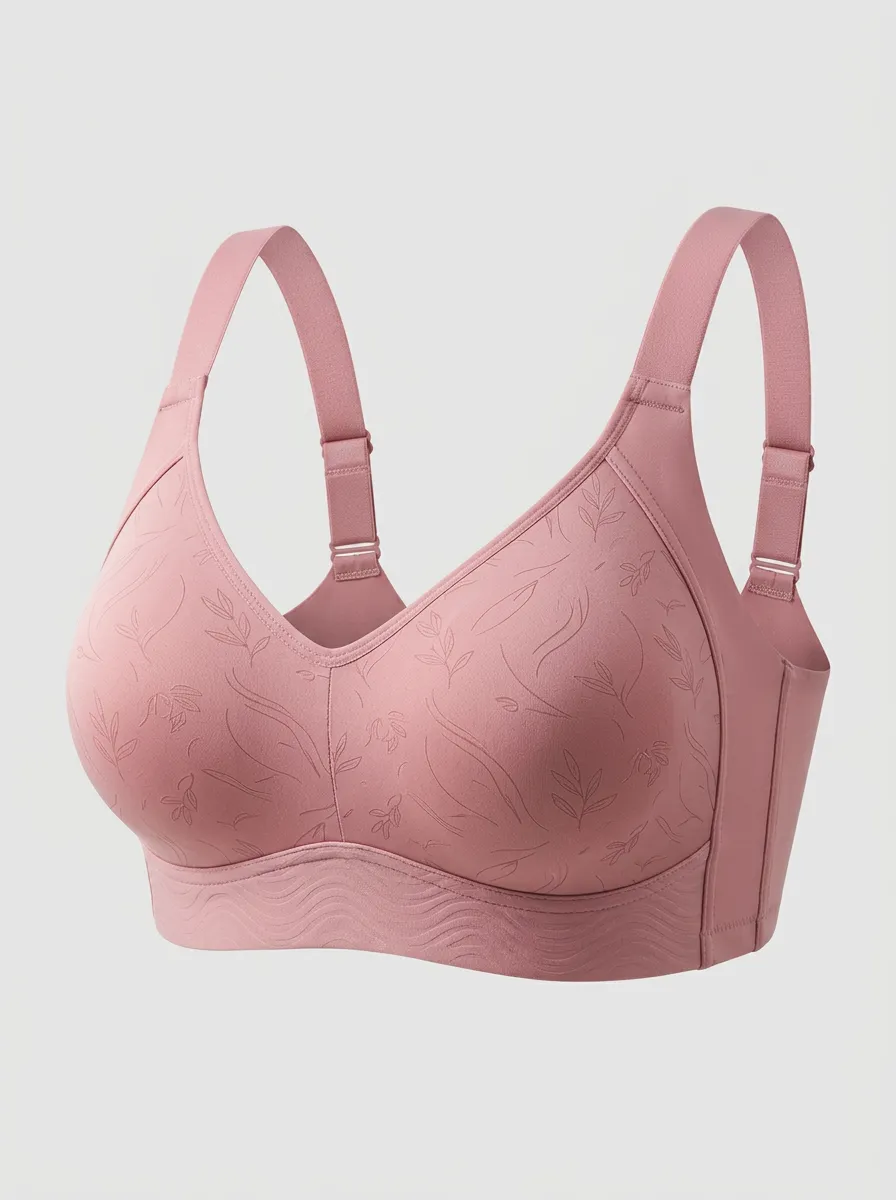 Women's Plus Size Dusty Rose Leaf Full-Coverage V-Neck Wireless Bra