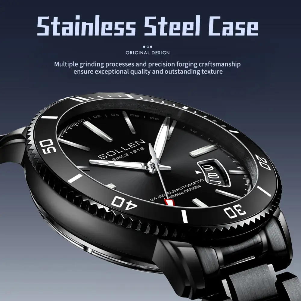 Sollen SL609 Automatic Watch - Men's Stainless Steel 5-Bead Bracelet Rotatable Bezel Seiko NH35A Wristwatch
