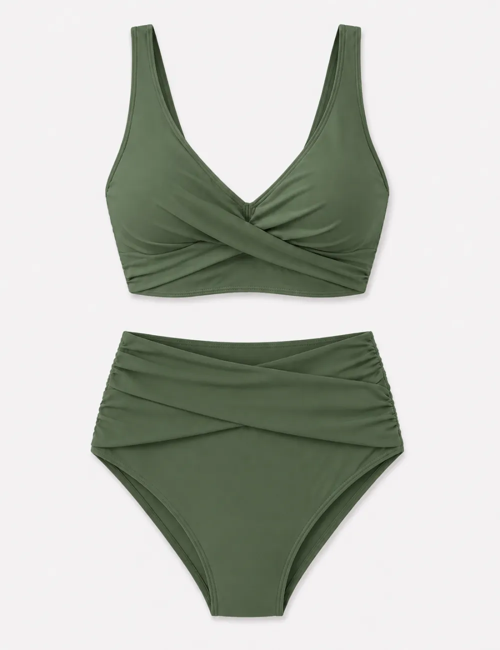 Twist Front V Neck High Waisted Bikini Set