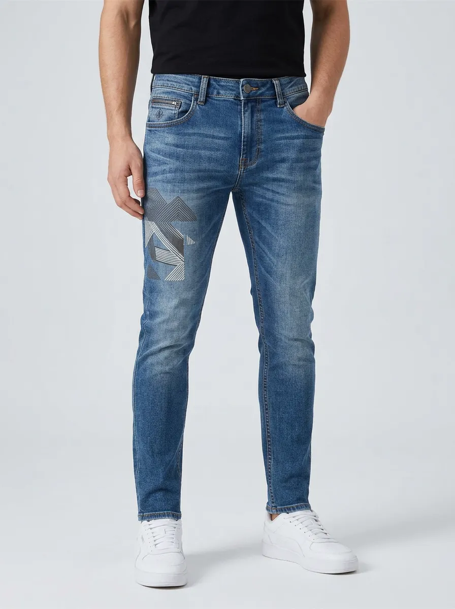 Men's Mid-Blue Geometric Pattern Slim Fit Jeans