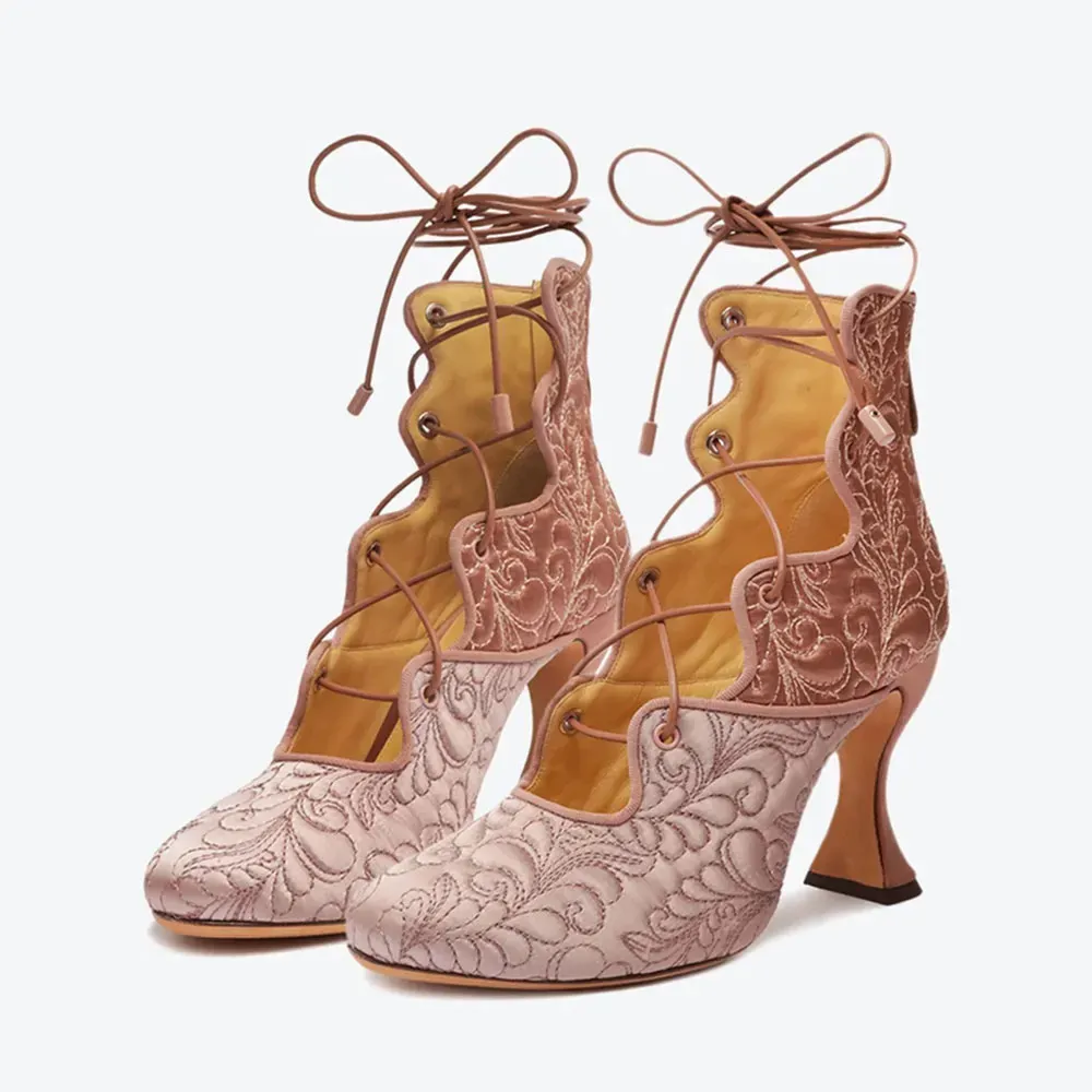 Embroidered Lace-Up Zip-Up Round-Toe Ankle Boots
