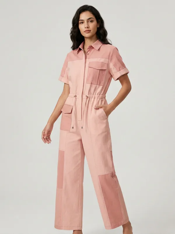 Women's Utility Olive Green Patchwork Colorblock Jumpsuit