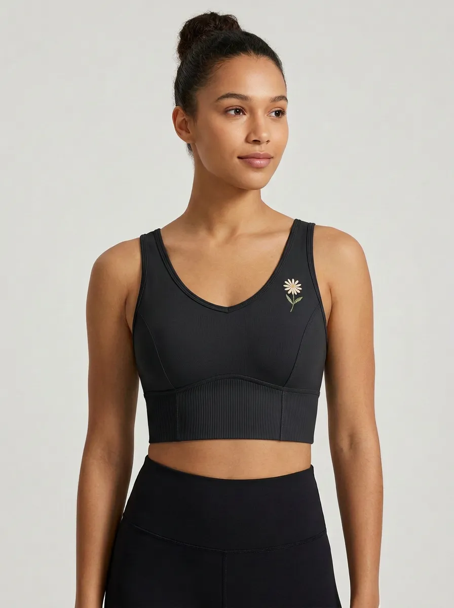 Women's Daisy-Embroidered V-Neck Reinforced-Trim Sports Bra